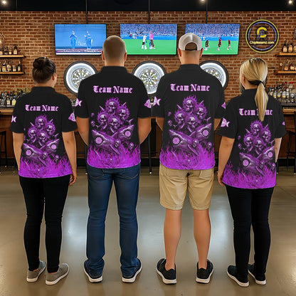 Custom Purple Flames Shark And Skull 3D Men Darts Quarter-Zip League Shirts Funny Dart Jerseys NYN2205
