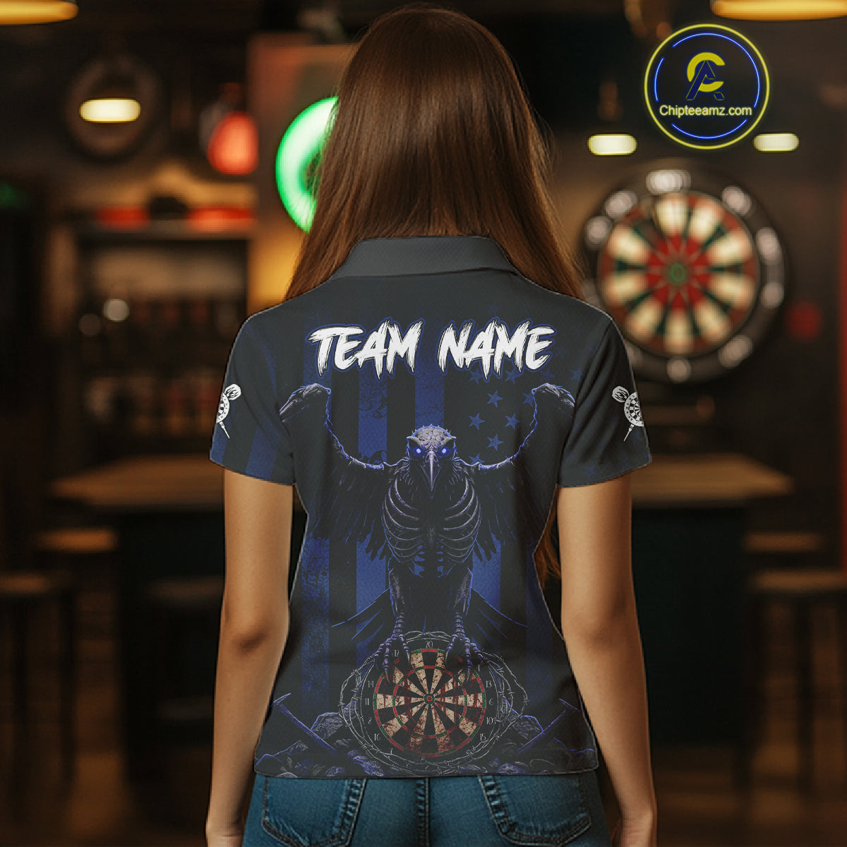 Blue Gothic Eagle Skull Dartboard Custom Women Darts Quarter-Zip Shirt Grunge US Flag Dart Jerseys NYN1944