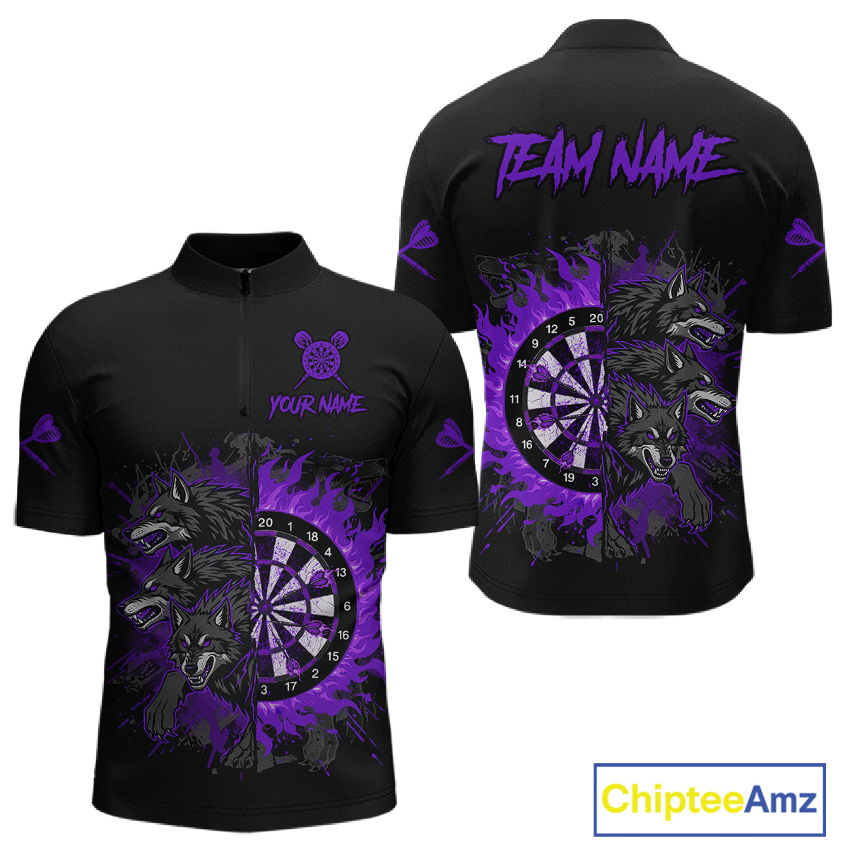 Purple Wolfs Flames Dartboard Custom Darts Quarter-Zip Shirt For Men Grunge Dart Jerseys NYN1954