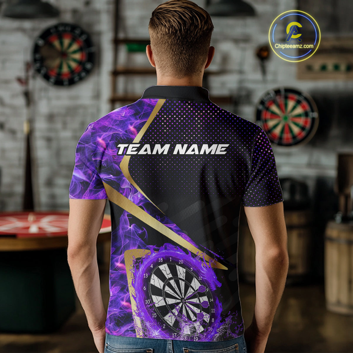 Custom Purple Flames Dragon Dartboard Halftone Dart Men Polo Jerseys Gold Dart Team Shirt NYN1691