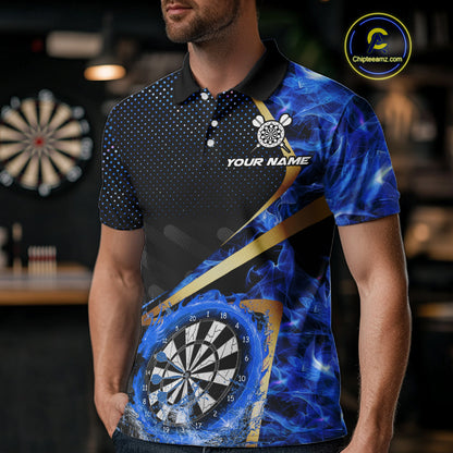 Custom Blue Flames Dragon Dartboard Halftone Dart Men Polo Jerseys Gold Dart Team Shirt NYN1693
