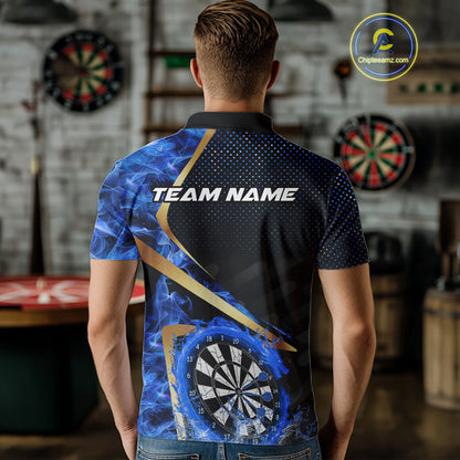 Custom Blue Flames Dragon Dartboard Halftone Dart Men Polo Jerseys Gold Dart Team Shirt NYN1693
