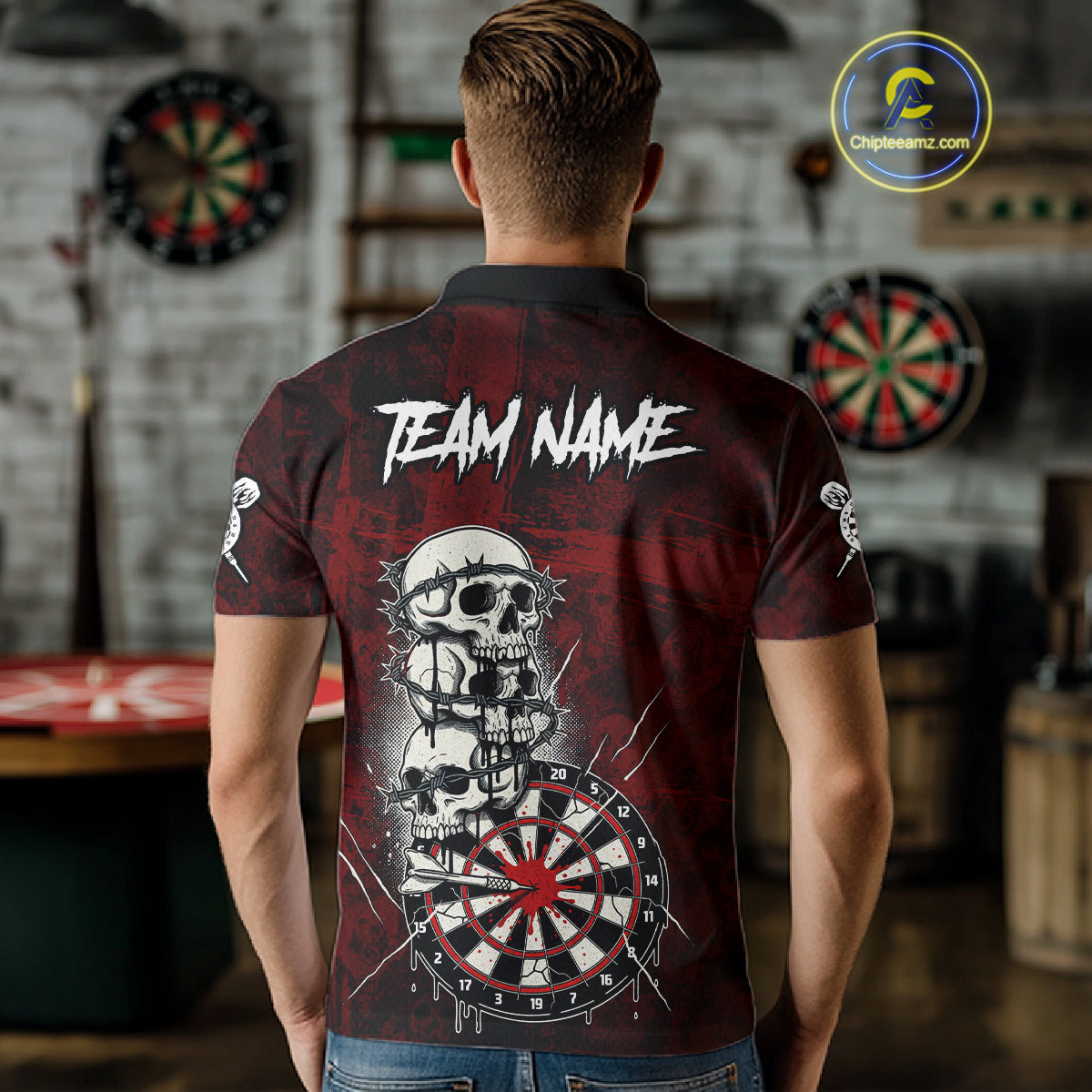 Custom Red Grunge Barbed Wire Grey Skull Dartboard Men Darts Polo Shirt Dart Jerseys NYN1977