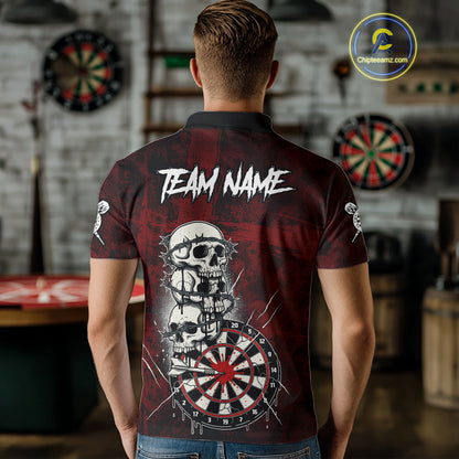Custom Red Grunge Barbed Wire Grey Skull Dartboard Men Darts Polo Shirt Dart Jerseys NYN1977