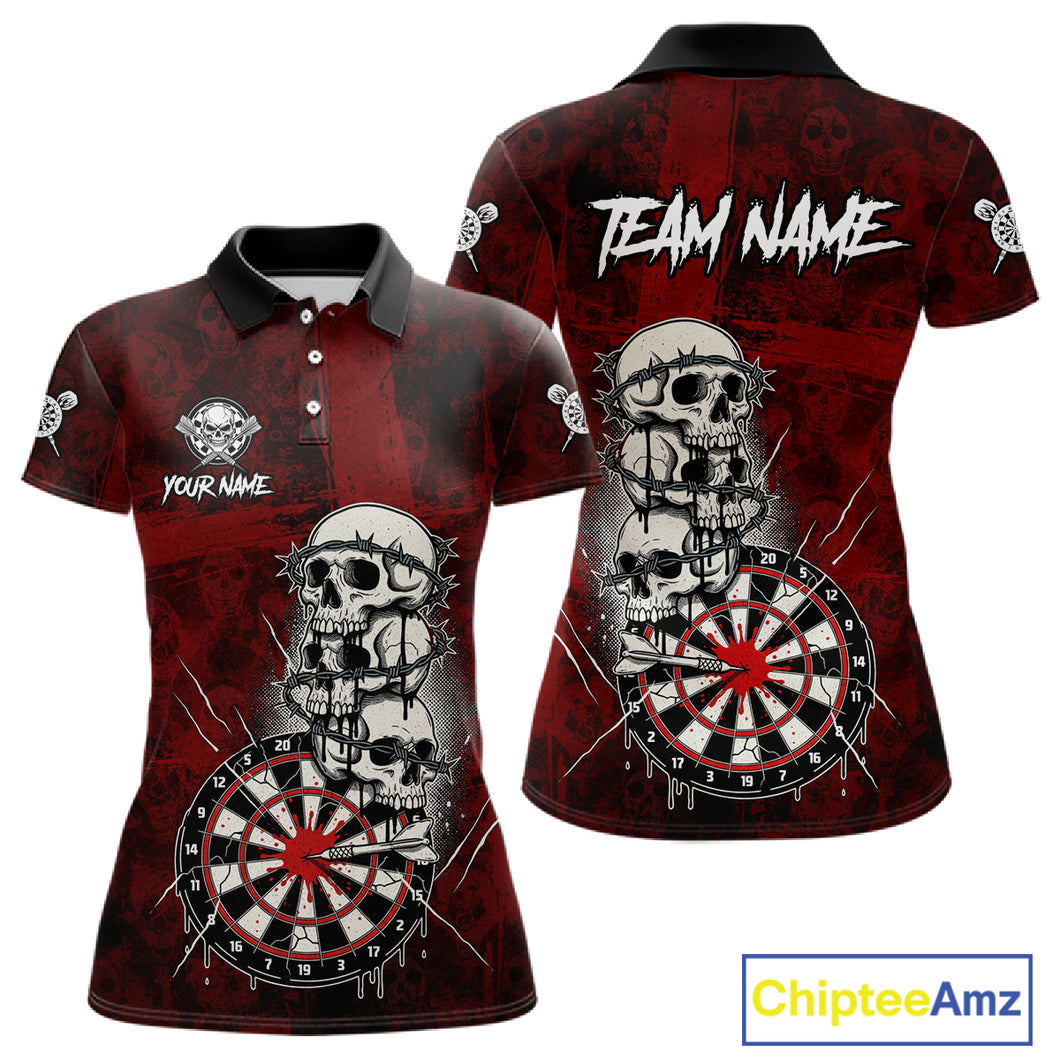 Custom Red Grunge Barbed Wire Grey Skull Dartboard Men Darts Polo Shirt Dart Jerseys NYN1977