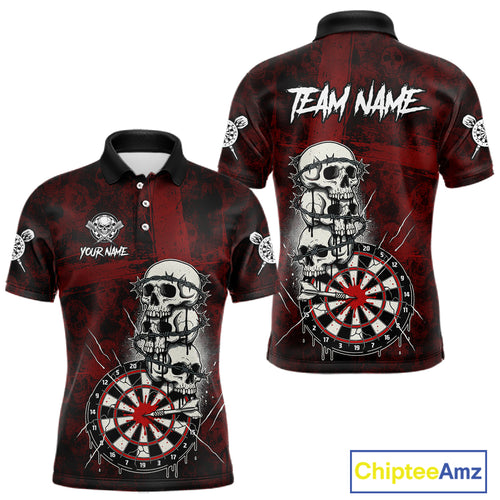 Custom Red Grunge Barbed Wire Grey Skull Dartboard Men Darts Polo Shirt Dart Jerseys NYN1977