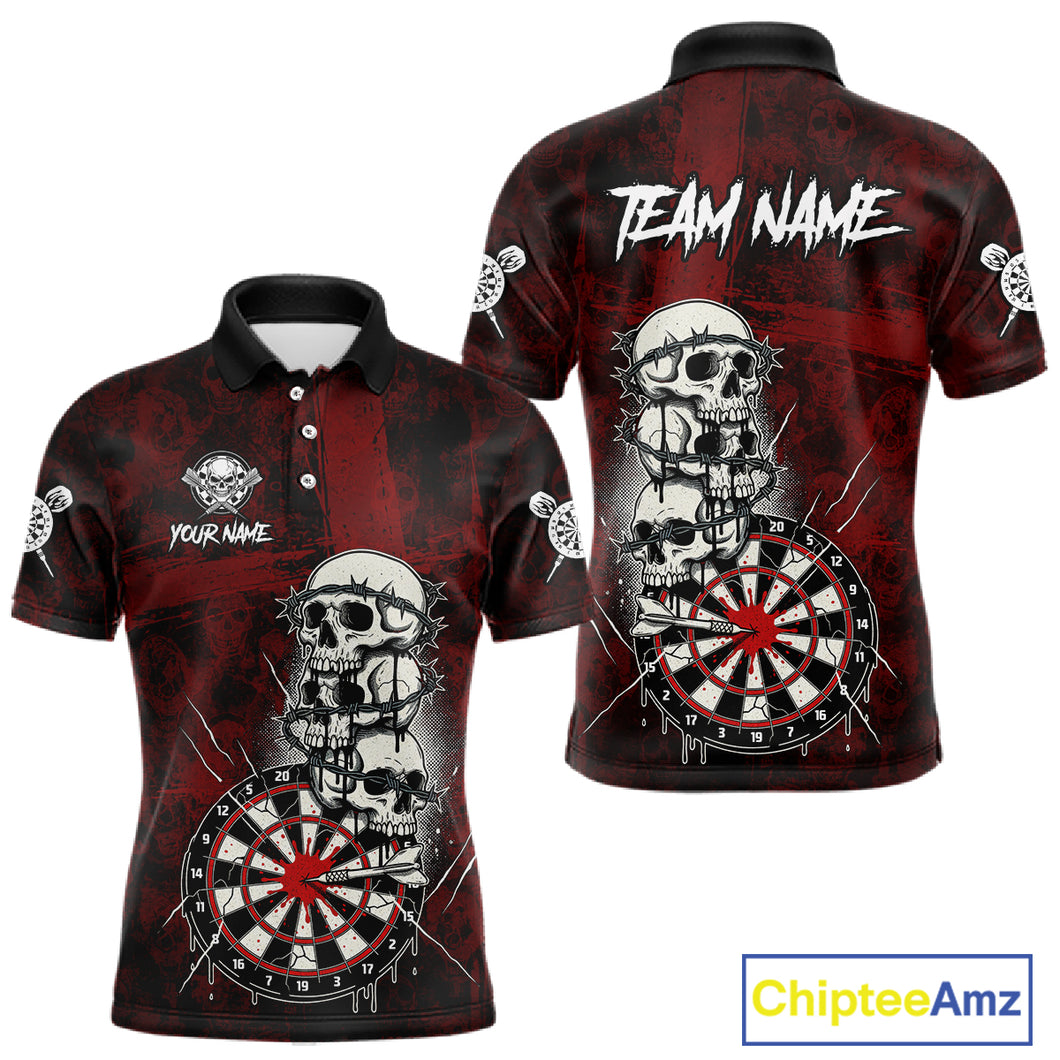 Custom Red Grunge Barbed Wire Grey Skull Dartboard Men Darts Polo Shirt Dart Jerseys NYN1977