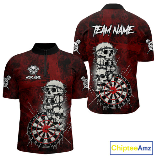 Custom Red Grunge Barbed Wire Grey Skull Dartboard Men Darts Polo Shirt Dart Jerseys NYN1977