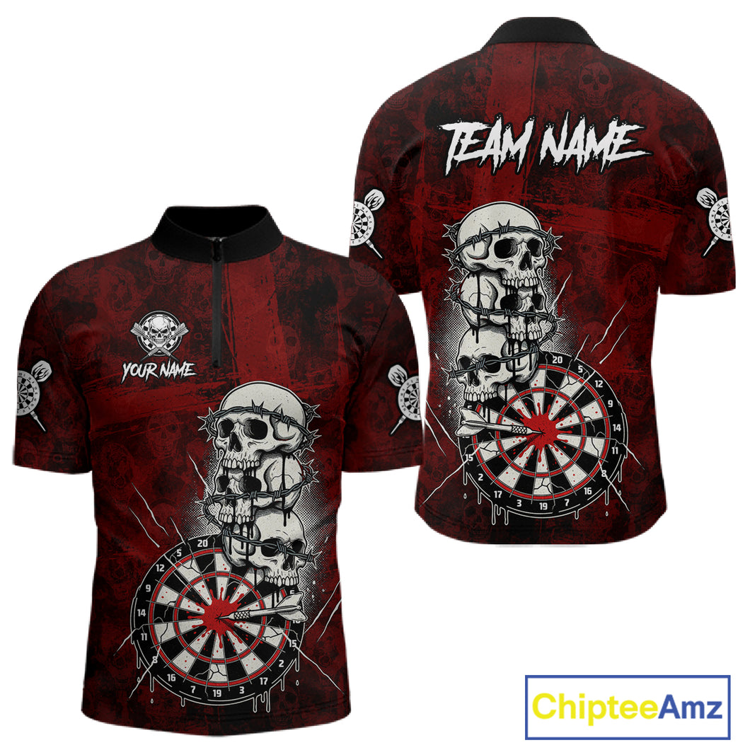 Custom Red Grunge Barbed Wire Grey Skull Dartboard Men Darts Polo Shirt Dart Jerseys NYN1977