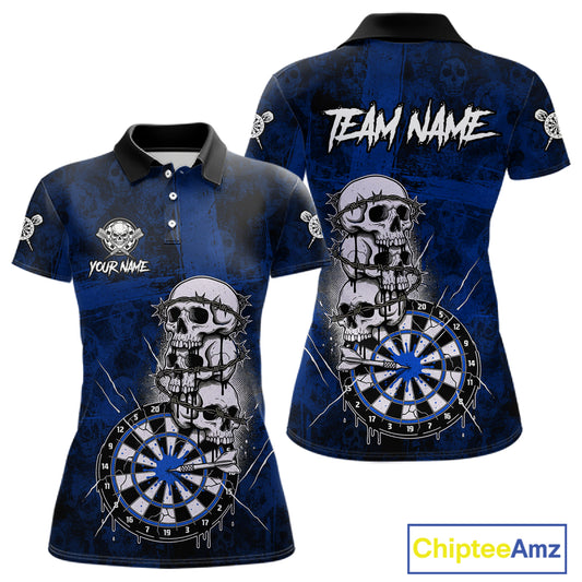 Custom Blue Grunge Barbed Wire Grey Skull Dartboard Men Darts Polo Shirt Dart Jerseys NYN1978