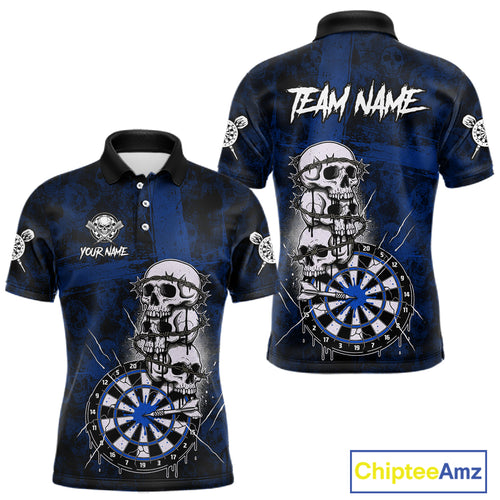 Custom Blue Grunge Barbed Wire Grey Skull Dartboard Men Darts Polo Shirt Dart Jerseys NYN1978