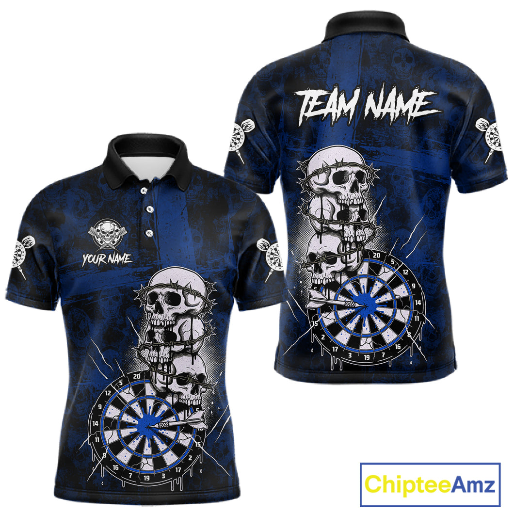 Custom Blue Grunge Barbed Wire Grey Skull Dartboard Men Darts Polo Shirt Dart Jerseys NYN1978