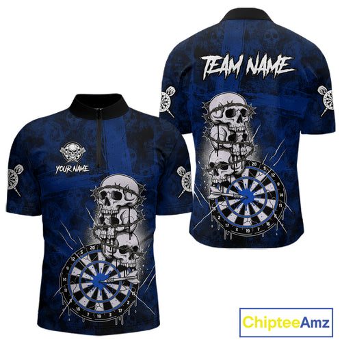 Custom Blue Grunge Barbed Wire Grey Skull Dartboard Men Darts Polo Shirt Dart Jerseys NYN1978