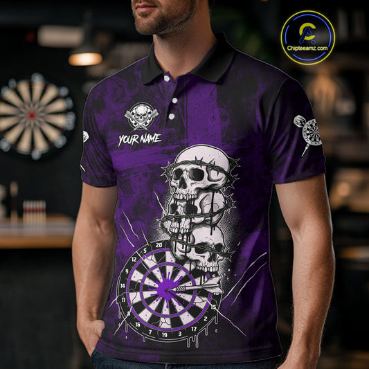 Custom Purple Grunge Barbed Wire Grey Skull Dartboard Men Darts Polo Shirt Dart Jerseys NYN1979