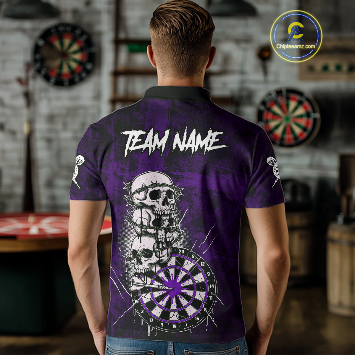 Custom Purple Grunge Barbed Wire Grey Skull Dartboard Men Darts Polo Shirt Dart Jerseys NYN1979