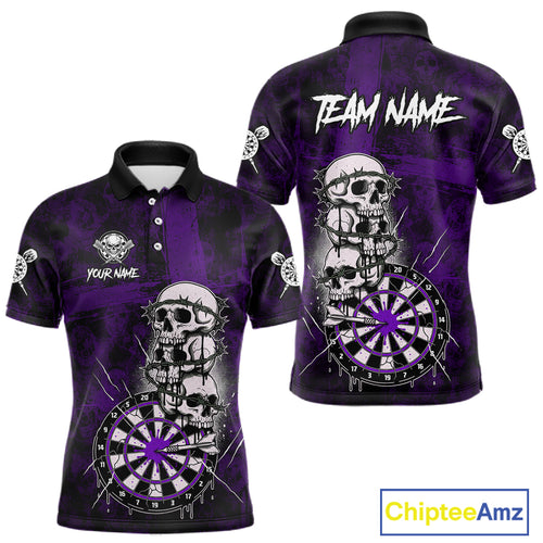 Custom Purple Grunge Barbed Wire Grey Skull Dartboard Men Darts Polo Shirt Dart Jerseys NYN1979