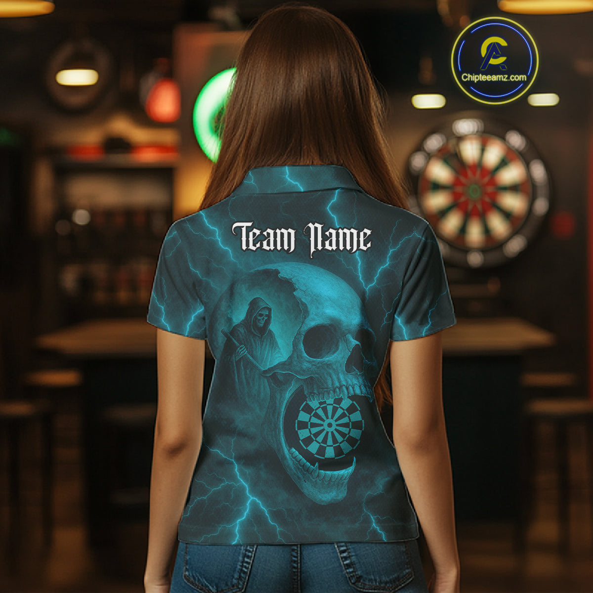 Custom Lightning Turquoise Grim Reaper Dartboard Women Dart Polo Shirt Skull Dart Team Jersey NYN1446