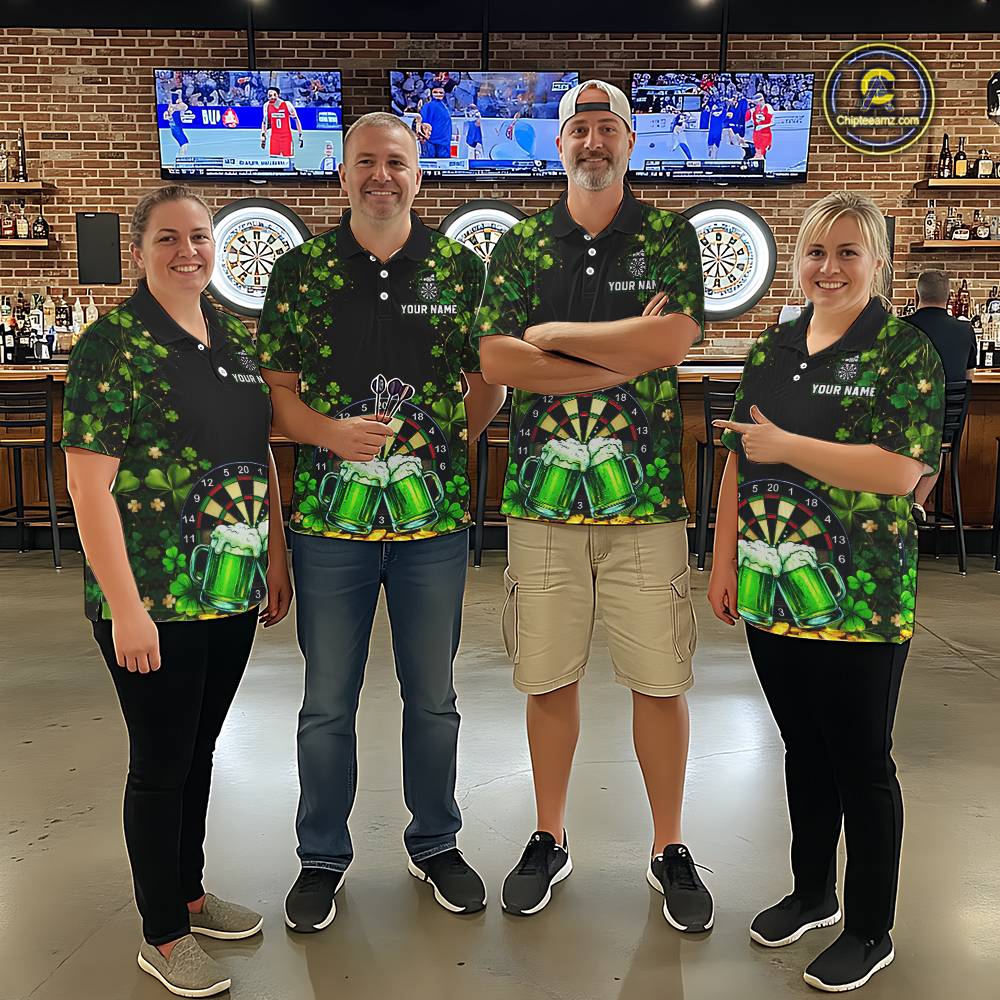 Cheer Beer & Play Dartboard Shamrock Men Darts Polo Shirt Custom St Patrick's Day Darts Jersey NYN2534