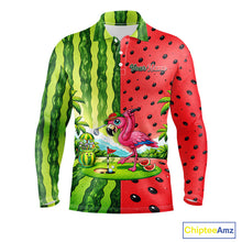 Load image into Gallery viewer, Flamingo Watermelon Polo Shirt Mens Golf Polo Shirts Custom Tropical Pattern Flamingo Golf Shirts NYN2878