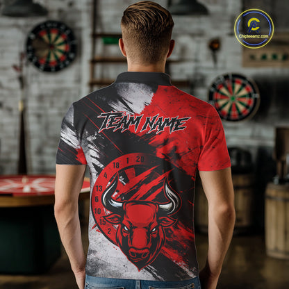 Custom Red Grunge Funny Bull Darts Polo & 1/4 Zip Shirt For Men Bull Darts Team Jerseys NYN2890