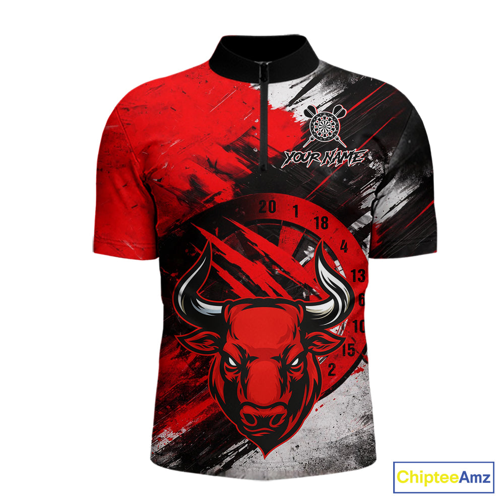 Custom Red Grunge Funny Bull Darts Polo & 1/4 Zip Shirt For Men Bull Darts Team Jerseys NYN2890
