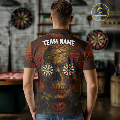 Custom Red Roses Skull Halloween Dart Polo Shirt For Men Grunge Dart Team Jersey NYN1474