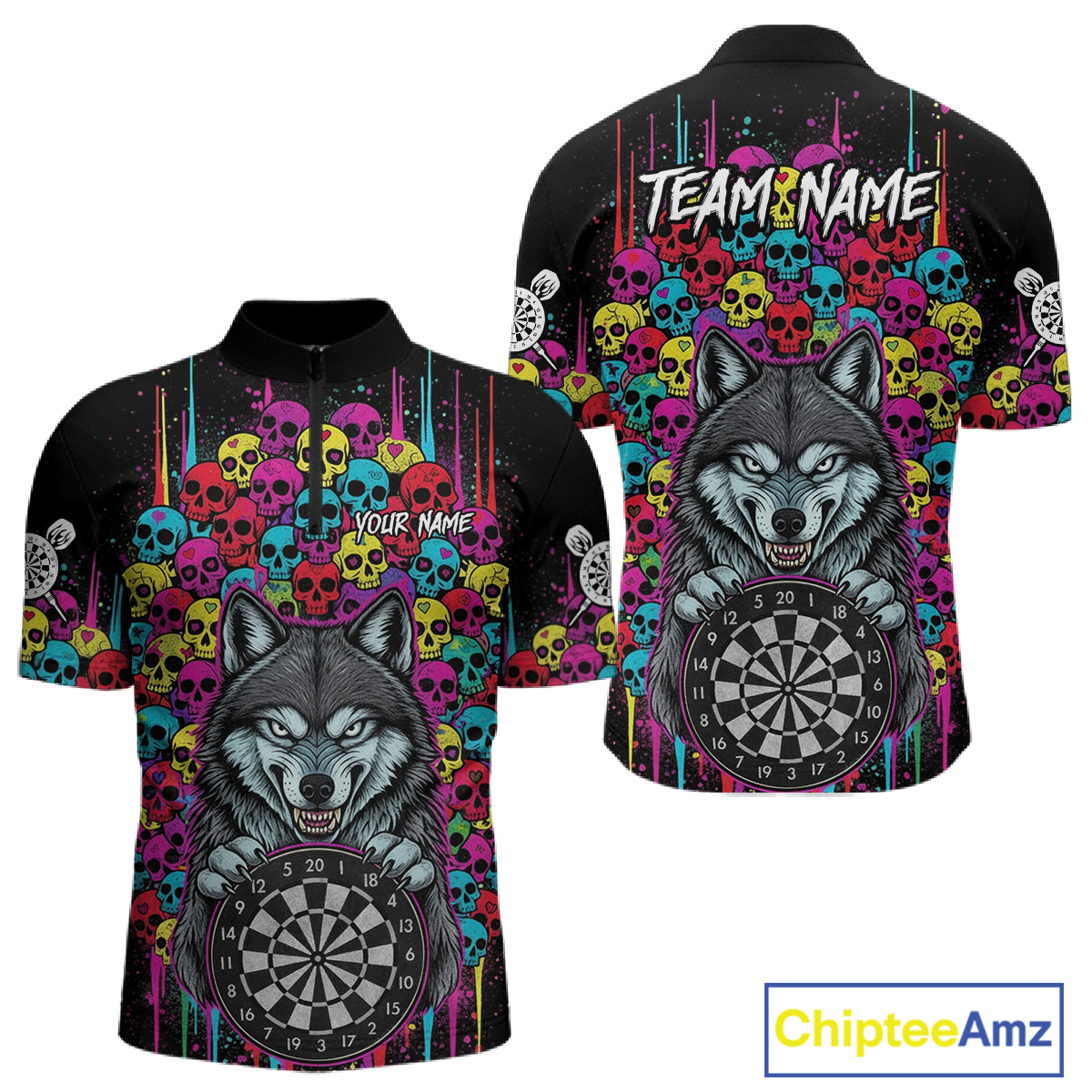 Multi-Color Skull Funny Wolf Dartboard Custom Darts Quarter-Zip Shirt For Men Dart Team Gifts NYN2000