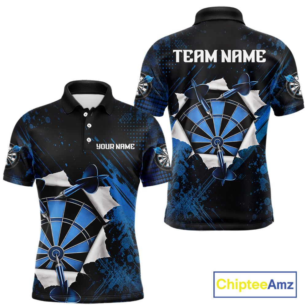 Custom Grunge Blue Torn Darts Polo & Quarter-Zip For Men Blue Spatter Outfit Dart Team Jerseys NYN2903