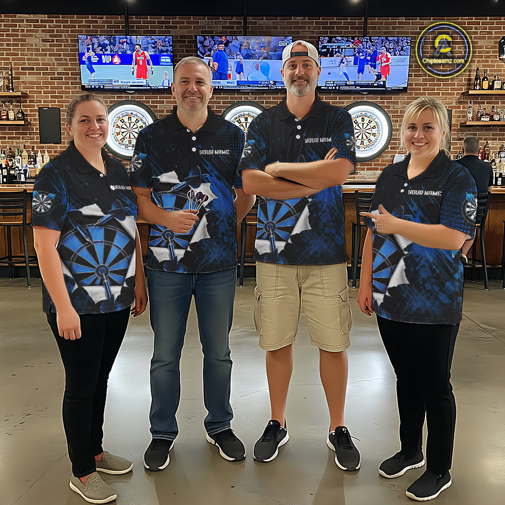 Custom Grunge Blue Torn Darts Polo & Quarter-Zip For Men Blue Spatter Outfit Dart Team Jerseys NYN2903