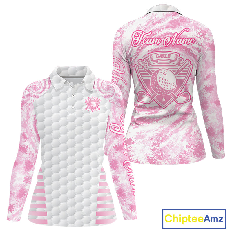 Womens Golf Polo Shirts Pink Tie Dye Pattern Custom White Golf Ball Golf Top Shirt For Ladies NYN2908