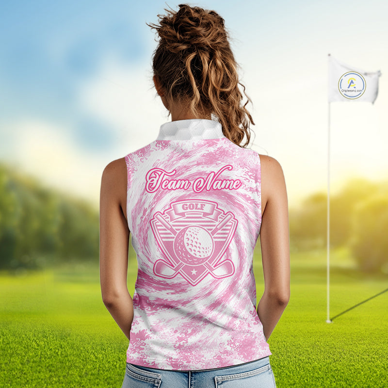 Womens Sleeveless Golf Polo Shirts Pink Tie Dye Pattern Custom White Golf Ball Golf Shirt For Ladies NYN2908