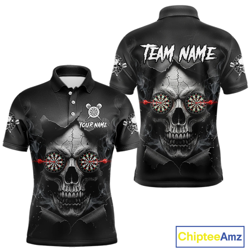 Black Smokes Skull Torn Grunge Dartboard Custom Men Polo Darts Shirt Dart Jersey NYN2012