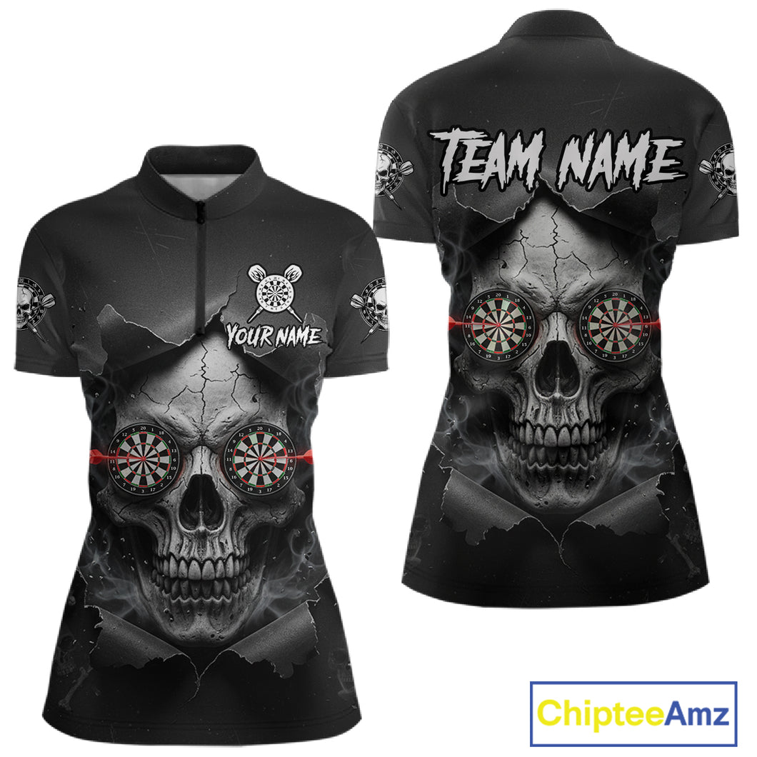 Black Smokes Skull Torn Grunge Dartboard Custom Women Quarter-Zip Darts Shirt Dart Jersey NYN2012