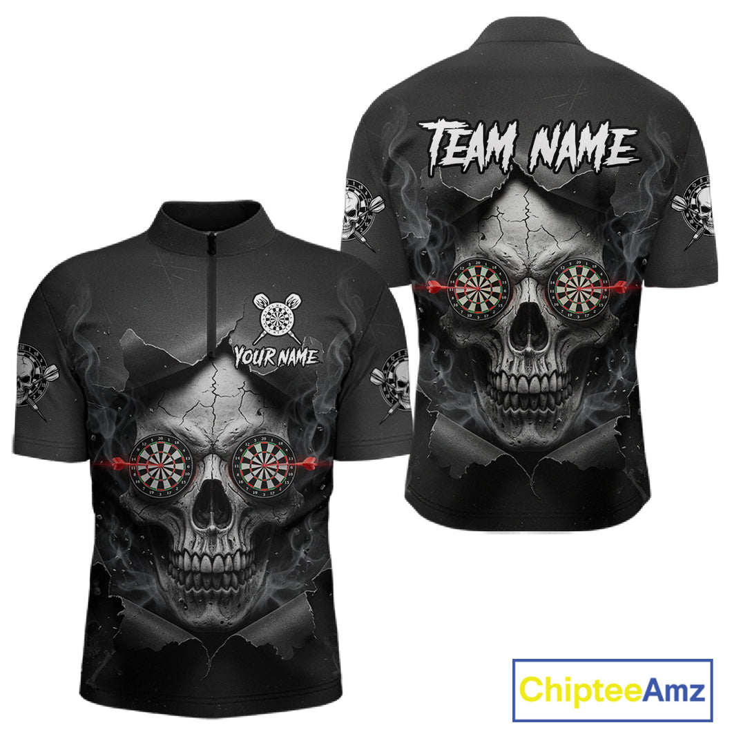Black Smokes Skull Torn Grunge Dartboard Custom Men Quarter-Zip Darts Shirt Dart Jersey NYN2012