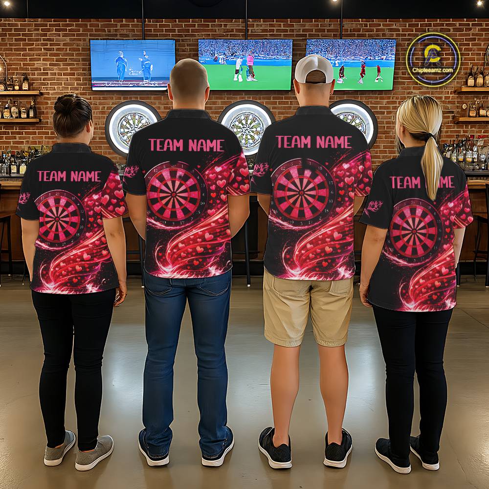 Funny Pink Hearts Tornado Dartboard Men Darts Valentine Shirt Custom Dart Polo Couple Gifts NYN2536
