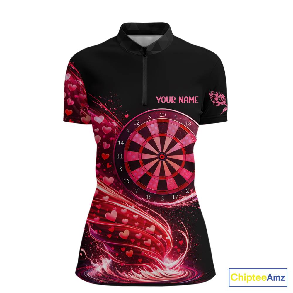 Funny Pink Hearts Tornado Dartboard Women Darts Valentine Shirt Custom Dart 1/4-Zip Couple Gifts NYN2536
