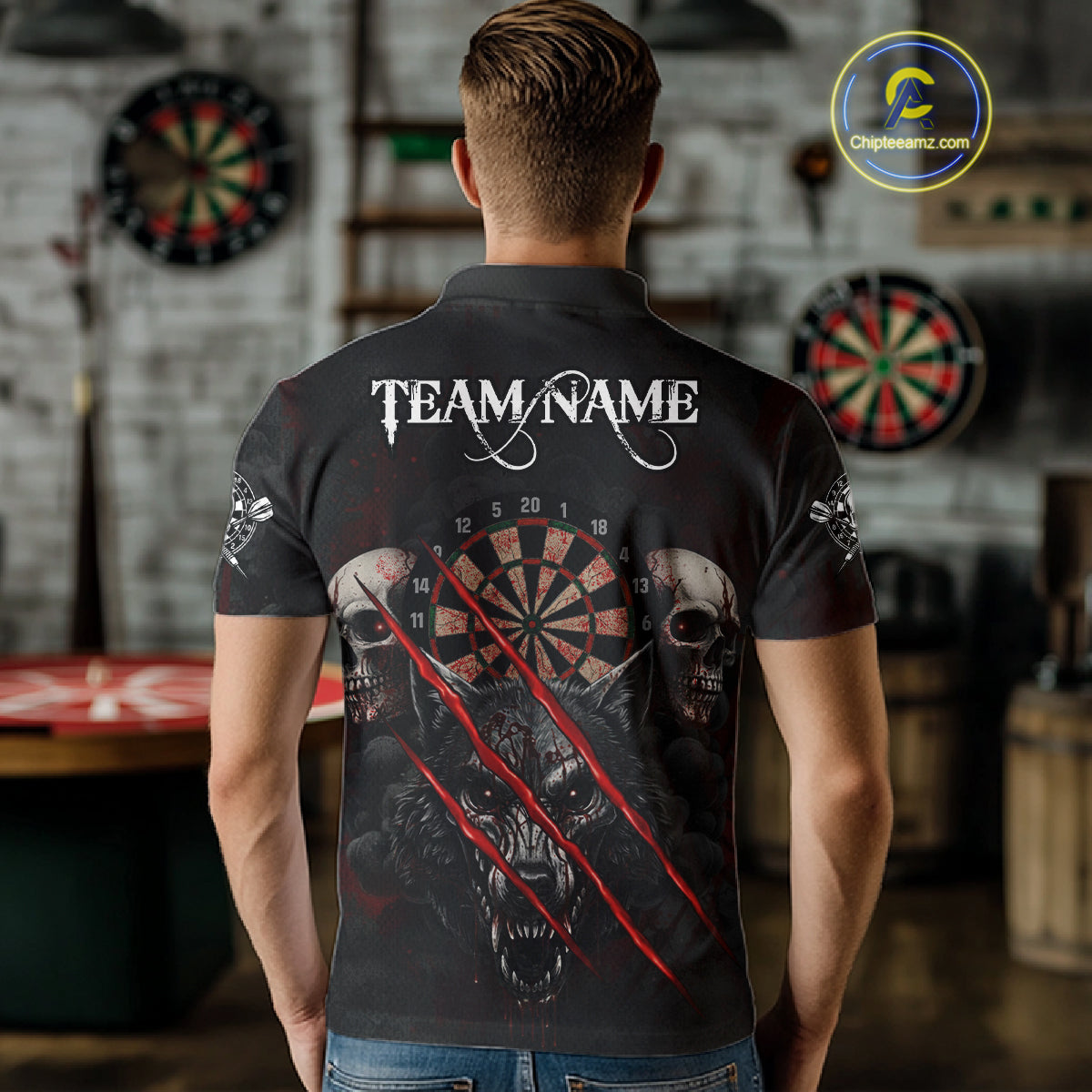 Red Blood Scratch Wolf Men Darts Polo Shirt Custom Name & Team Skull Dart League Shirt NYN2054