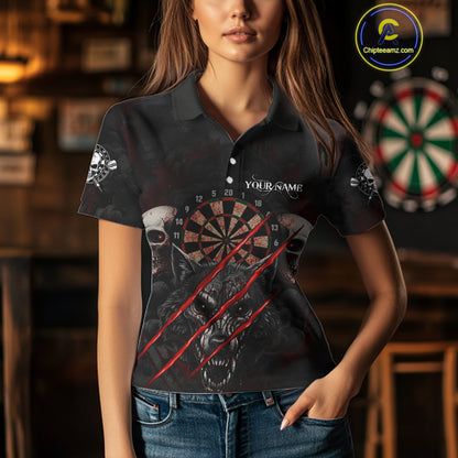 Red Blood Scratch Wolf Women Darts Polo Shirt Custom Name & Team Skull Dart League Shirt NYN2054