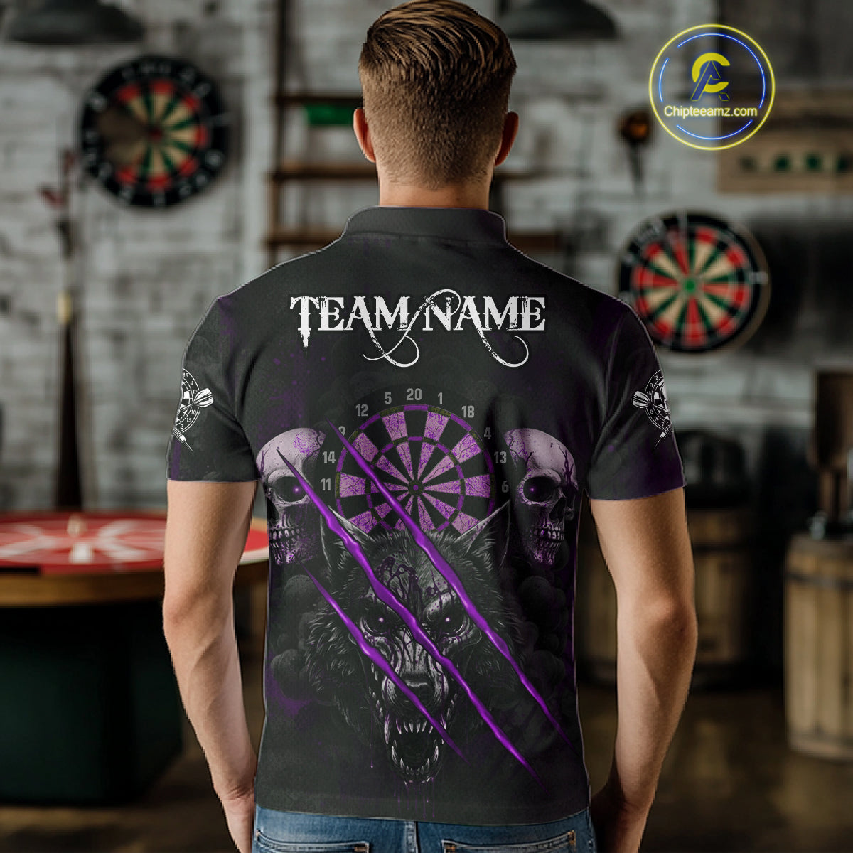 Purple Blood Scratch Wolf Men Darts Polo Shirt Custom Name & Team Skull Dart League Shirt NYN2055