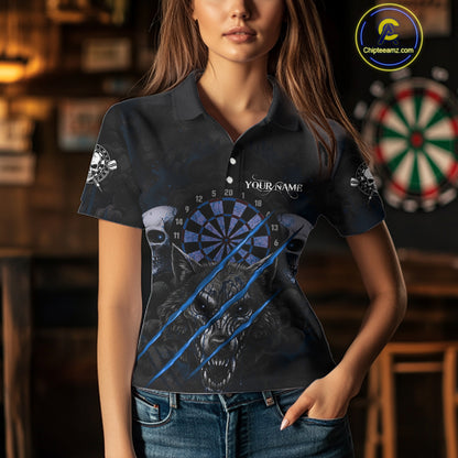 Blue Blood Scratch Wolf Women Darts Polo Shirt Custom Name & Team Skull Dart League Shirt NYN2056
