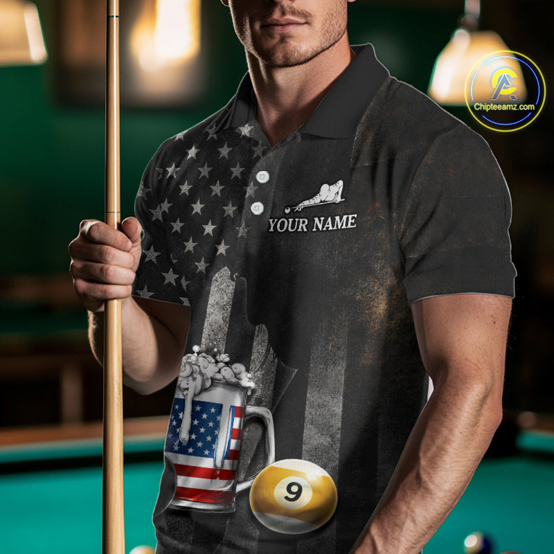 Grunge US Flag Beer Pool 8 Ball & 9 Ball Men Billiard Shirt Custom Patriotic Billiard Team Attire NYN2560