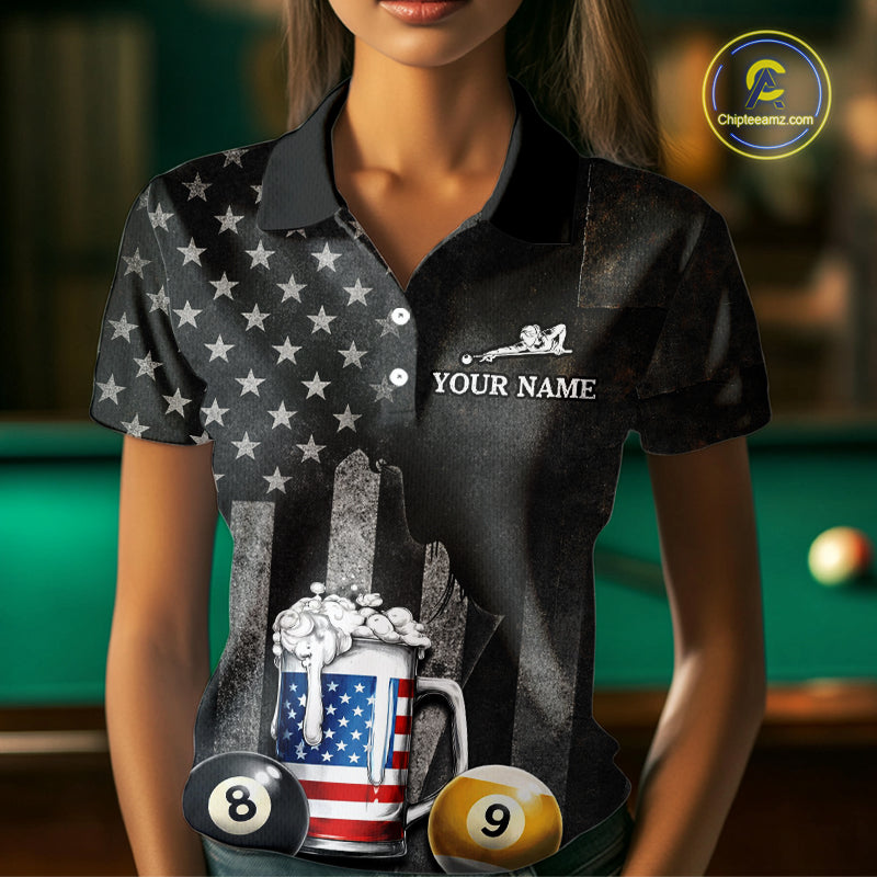 Grunge US Flag Beer Pool 8 Ball & 9 Ball Women's Billiard Shirt Custom Patriotic Billiard Team Attire NYN2560