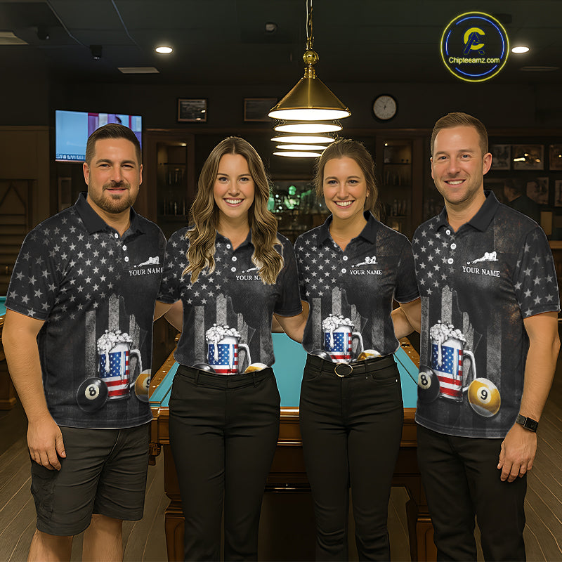 Grunge US Flag Beer Pool 8 Ball & 9 Ball Women's Billiard Shirt Custom Patriotic Billiard Team Attire NYN2560
