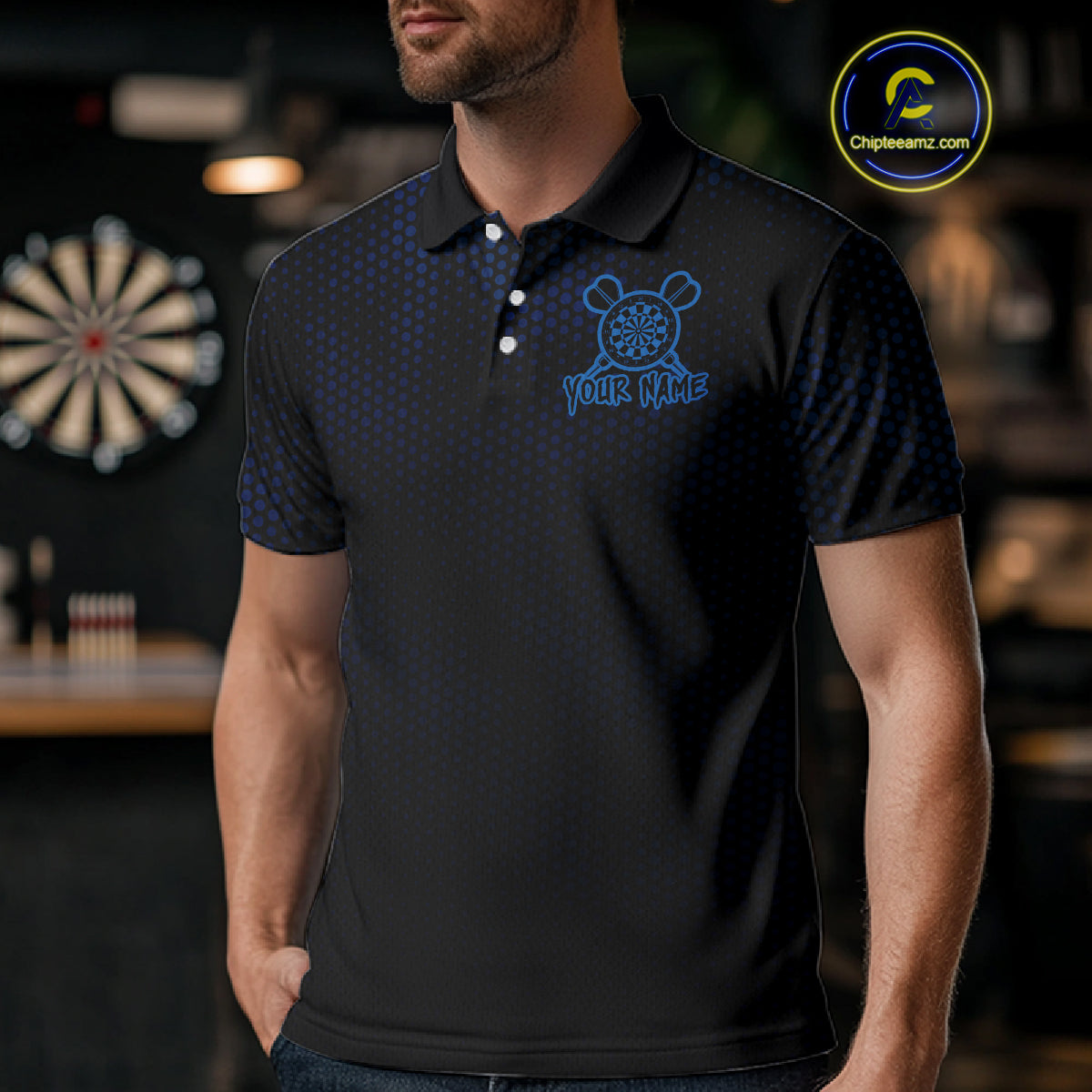 Custom Black And Blue Skull Dart Polo Shirt For Men Dartboard Skull Grunge Dart Jerseys NYN1524