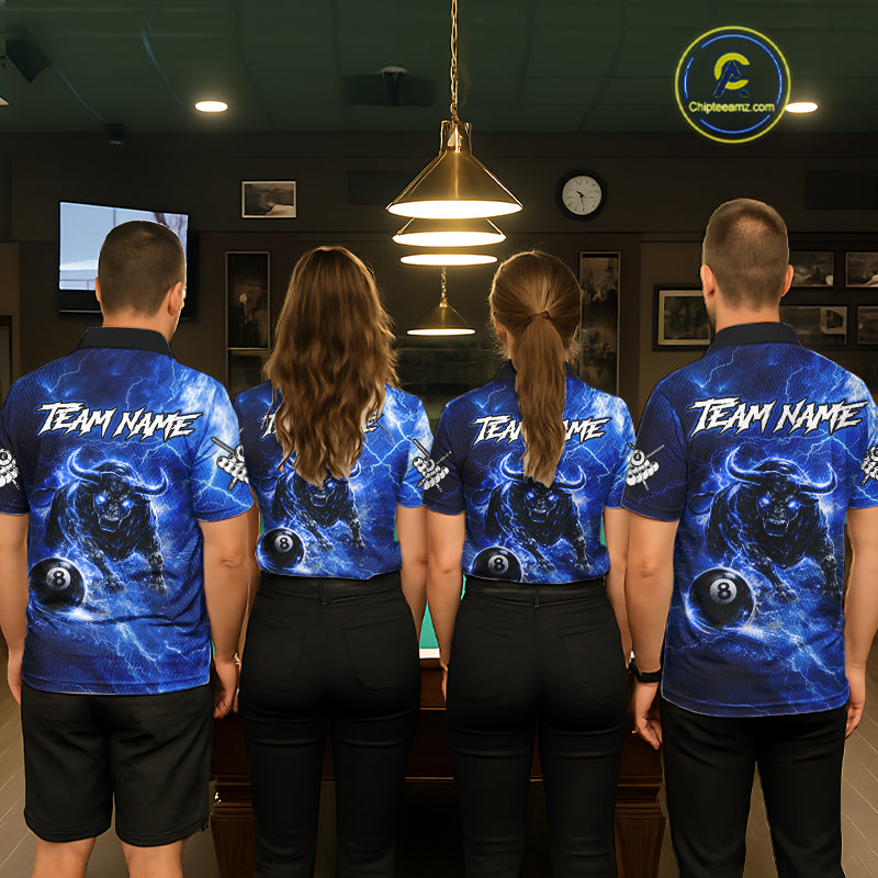 Thunder Lightning Blue Funny Bull 8 Ball Pool Men Billiard Shirt Custom Billiard Team Attire NYN2732