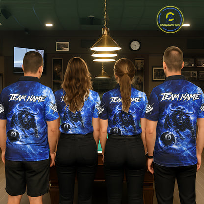 Thunder Lightning Blue Funny Bull 8 Ball Pool Men Billiard Shirt Custom Billiard Team Attire NYN2732