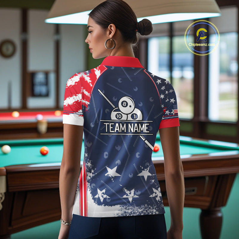 Blue Red Grunge US Flag 8 Ball Pool Women  Billiard Ball Cue Shirt Custom Patriotic Billiard Team Attire NYN2734