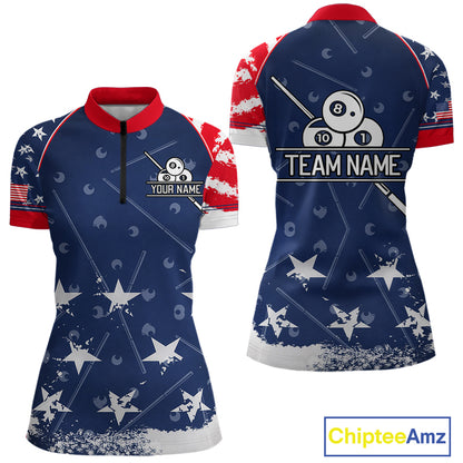 Blue Red Grunge US Flag 8 Ball Pool Women  Billiard Ball Cue Shirt Custom Patriotic Billiard Team Attire NYN2734