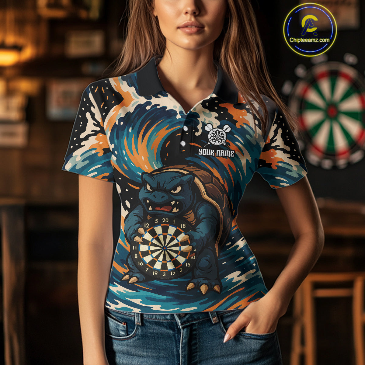 Custom Blue And Orange Turtle Dartboard Funny Dart Women Polo Shirt Dart Jerseys NYN1532