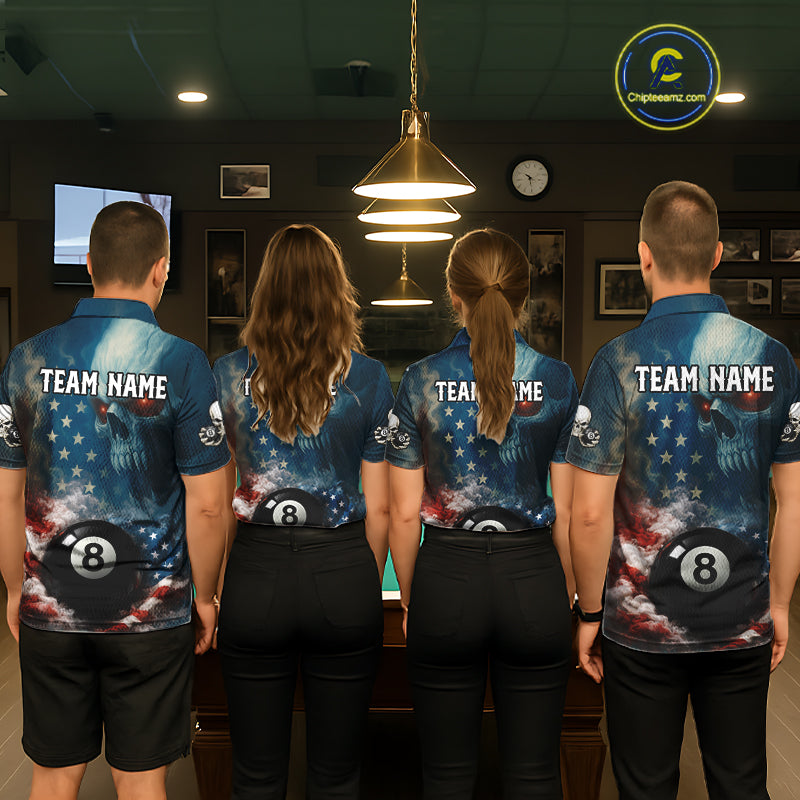 American Flag Skull Smoke 8 Ball Billiard 3D Shirt For Men Personalized Pool Billiard Team Attire NYN2745